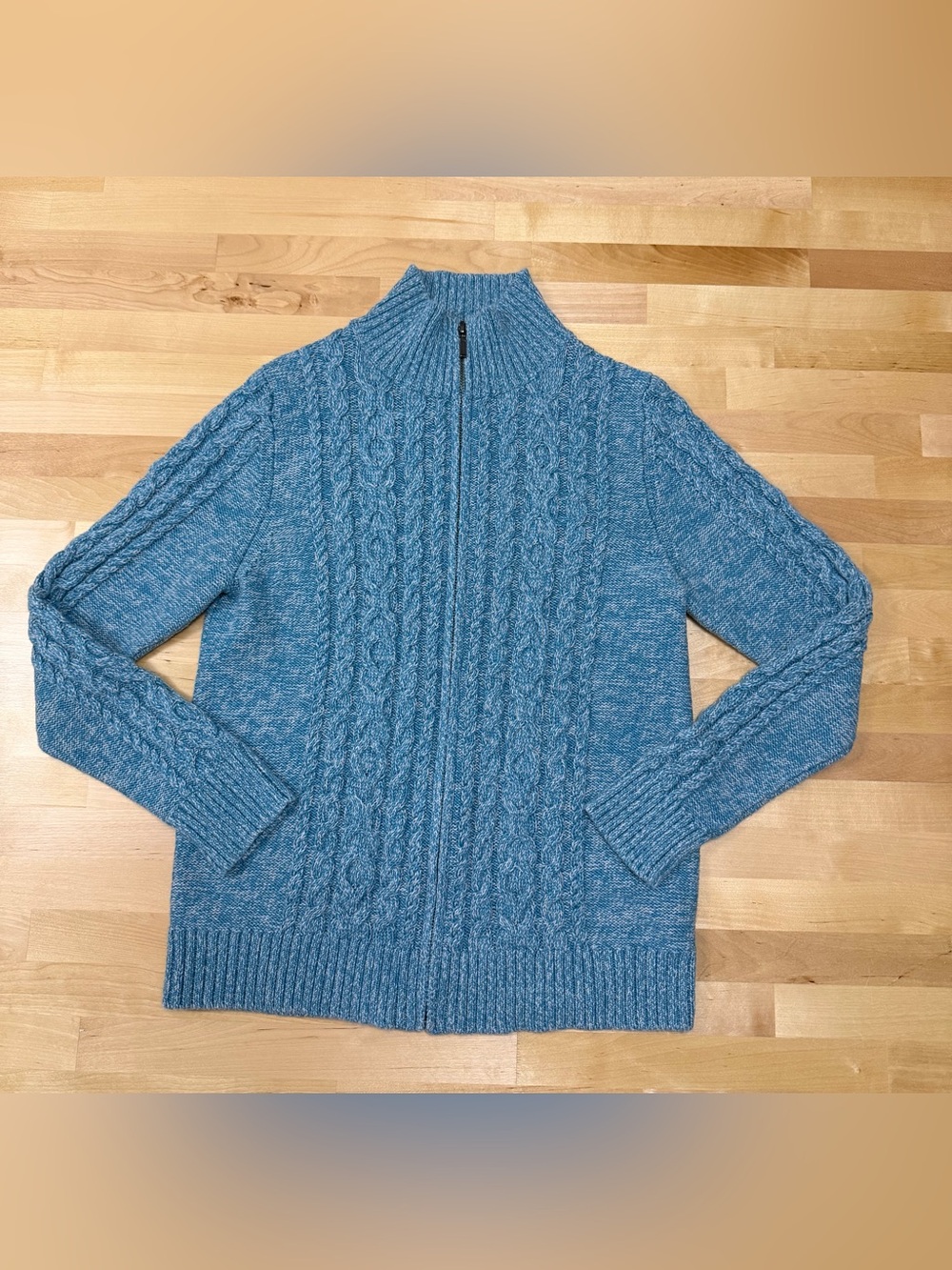 L.L.Bean Blue Cable Knit Full Zip Cardigan Sweater Medium Petite